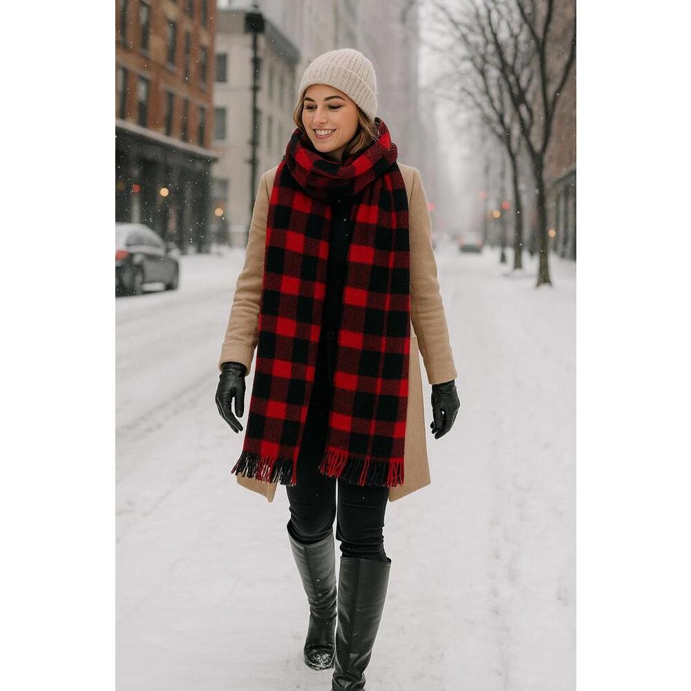 Look Houndstooth Reversible Wool Blend Plaid Scarf Black Red White